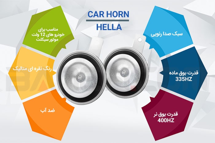 اینفوگرافی بوق خودرو هلا 400 هرتز HELLA CAR HORN ELECTRONIC