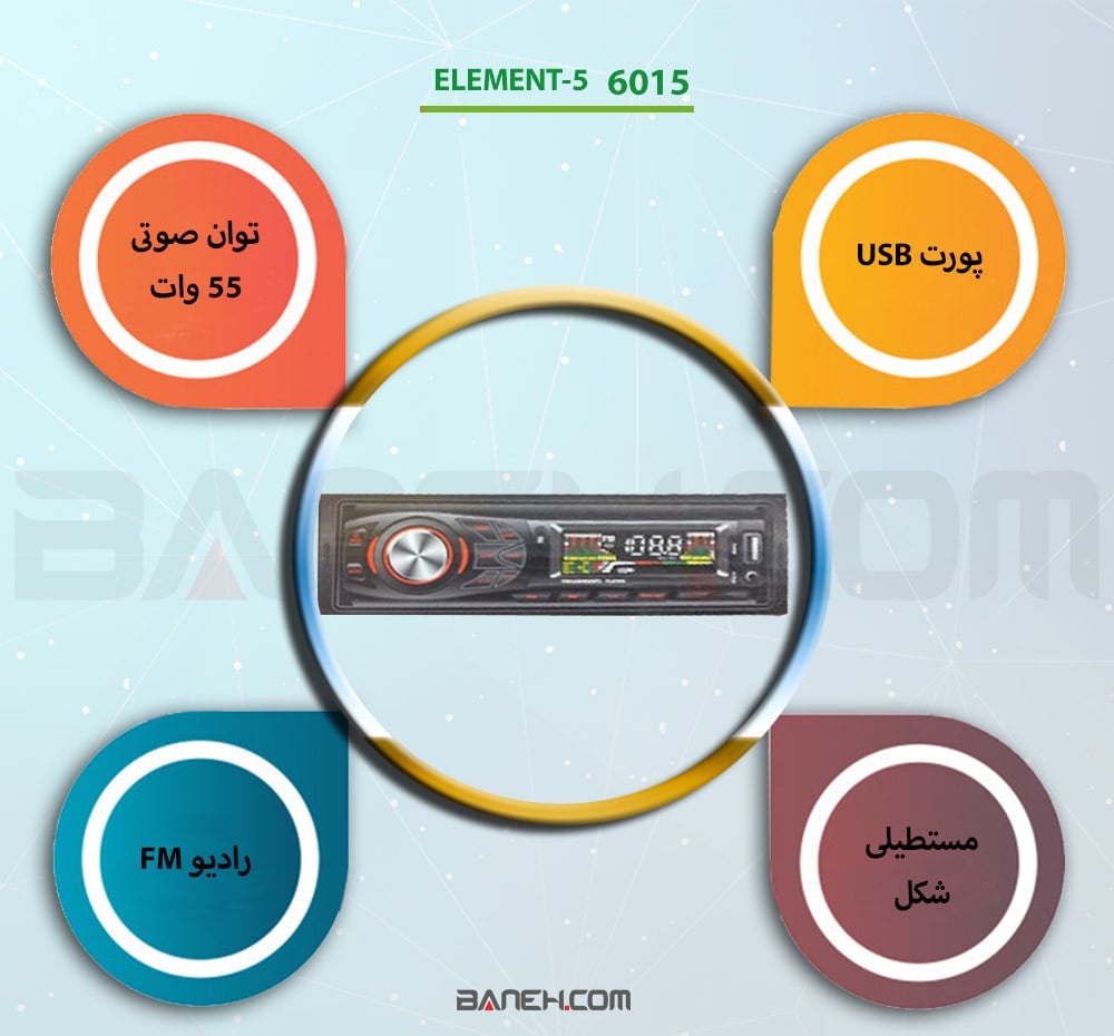 اینفوگرافی پخش کننده خودرو المنت Element-5 6015 CAR Audio 