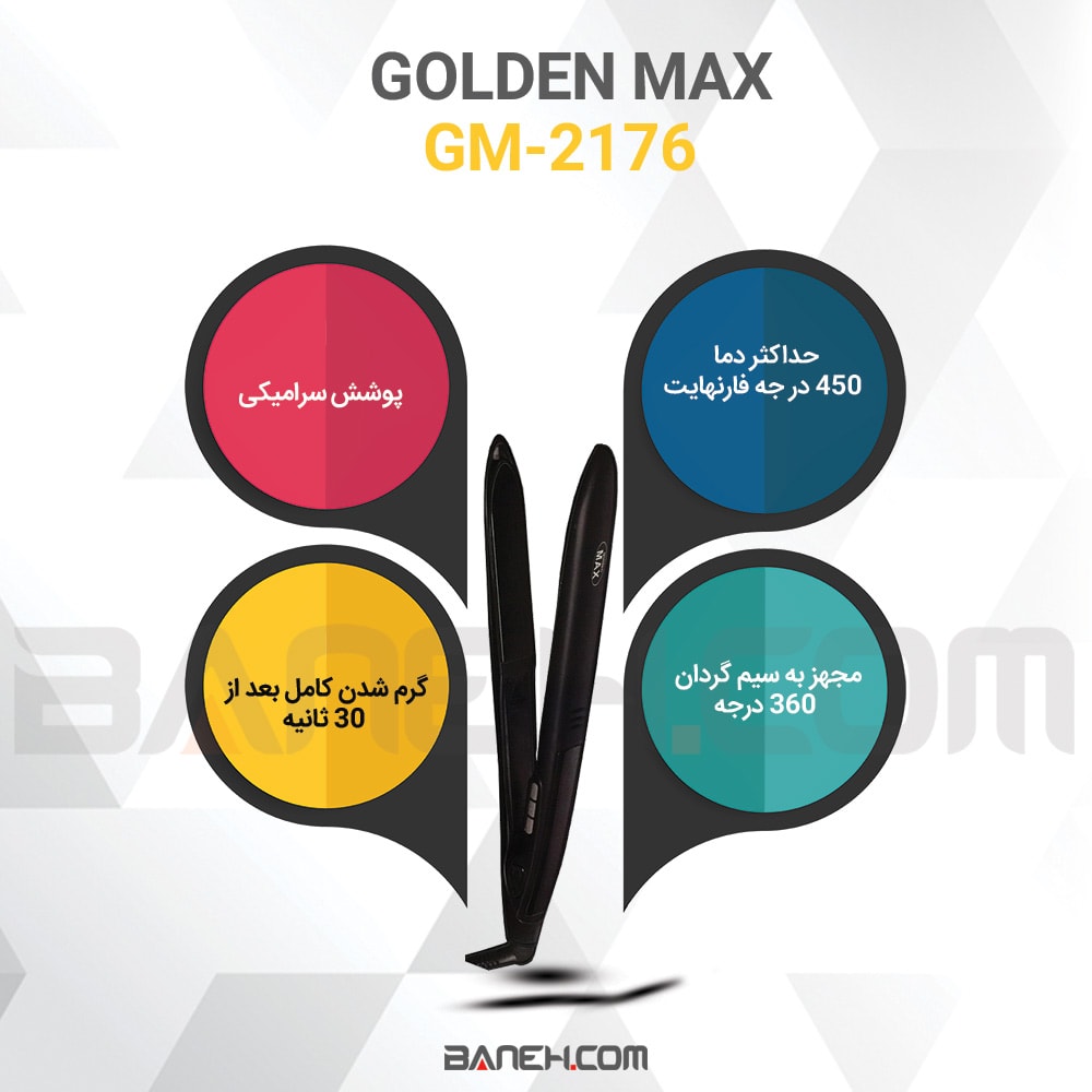 اینفوگرافی اتو مو سرامیکی گلدن مکس GOLDEN MAX HAIR STRAIGHTENER GM-2176