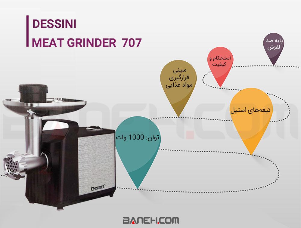 اینفوگرافی چرخ گوشت دسینی 1000 وات مدل DESSINI MEAT GRINDER 1000W MODEL 707